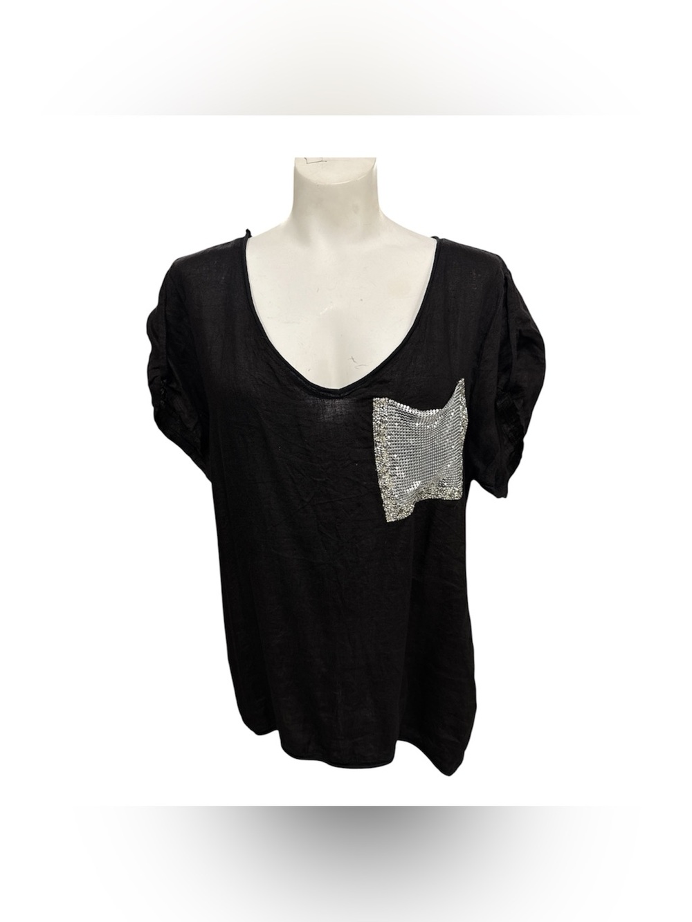 Amorosa Black Sequin Pocket Scoop Neck Top Size L